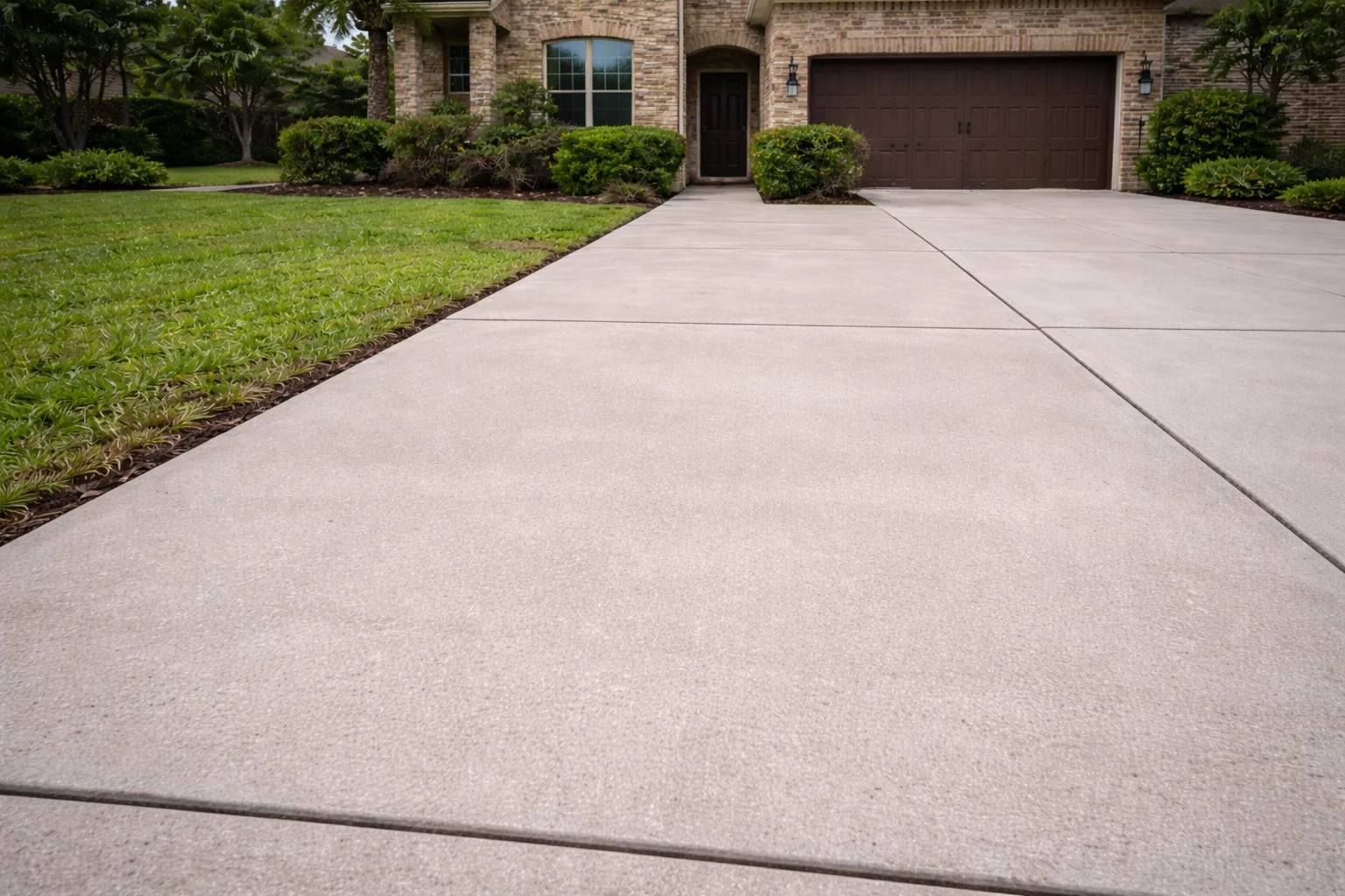 Concrete driveway in Cypress, TX after professional pressure washing removed black algae, oil stains and tire marks