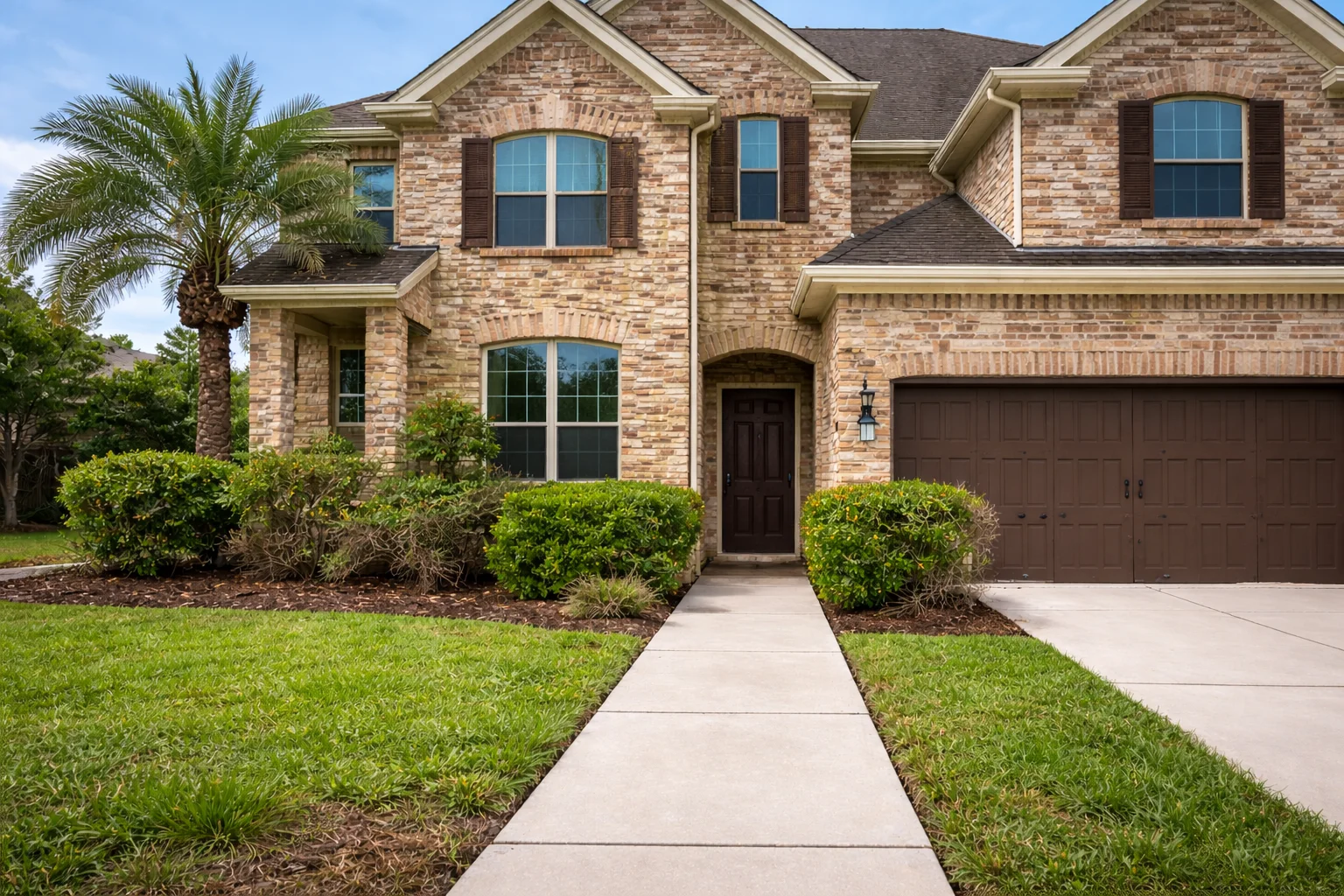 Clean home exterior in Cypress, TX after professional soft wash house washing removed mold, mildew and algae stains