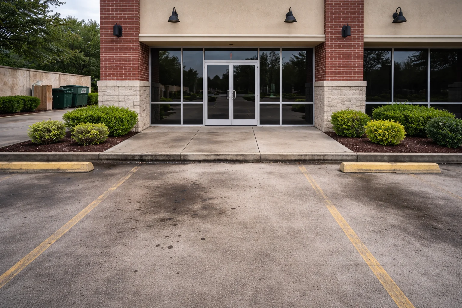 Commercial storefront and parking lot in Cypress, TX before pressure washing, showing oil stains, algae buildup and sidewalk grime