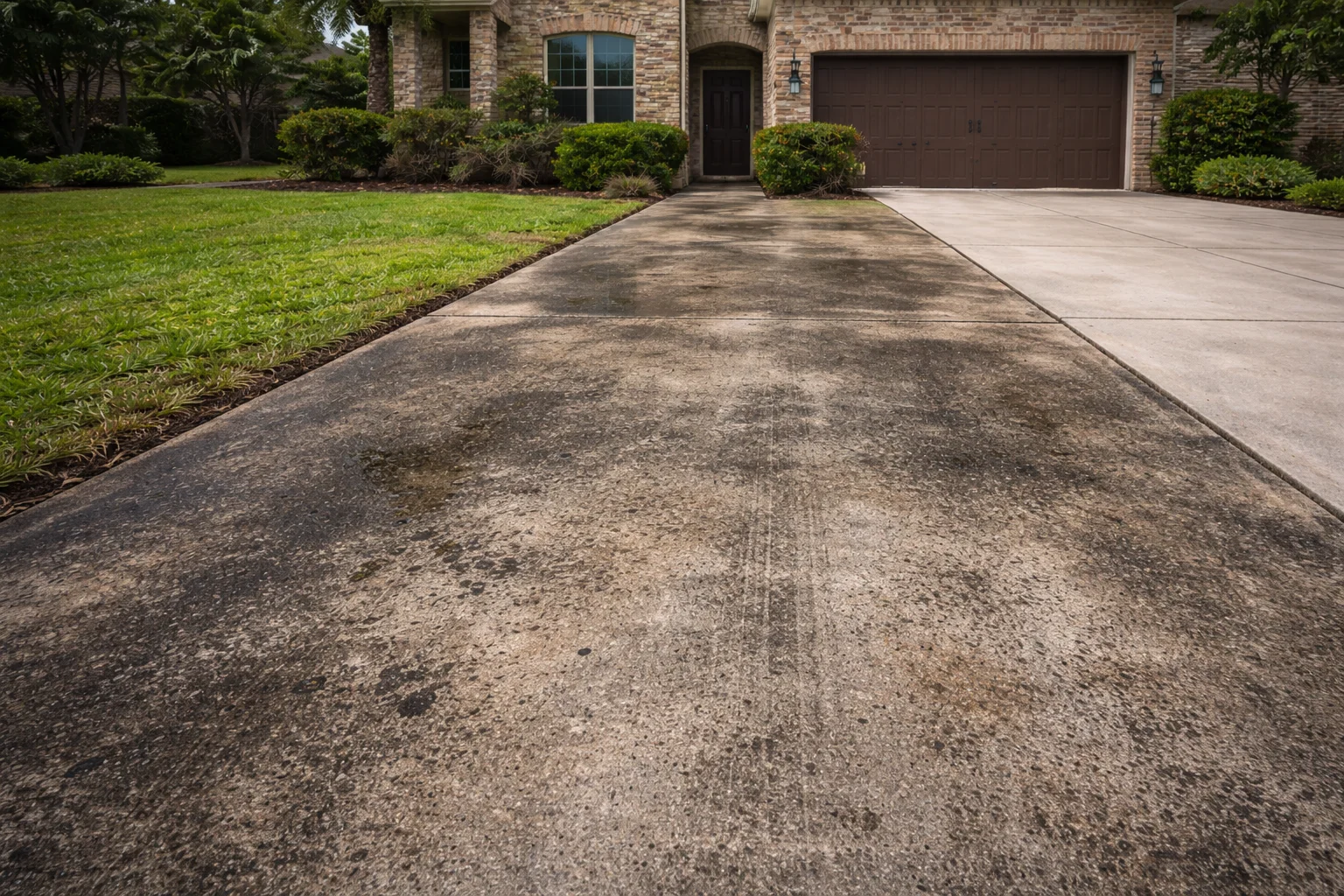 Concrete driveway in Cypress, TX before professional pressure washing, showing black algae, oil stains and tire marksv