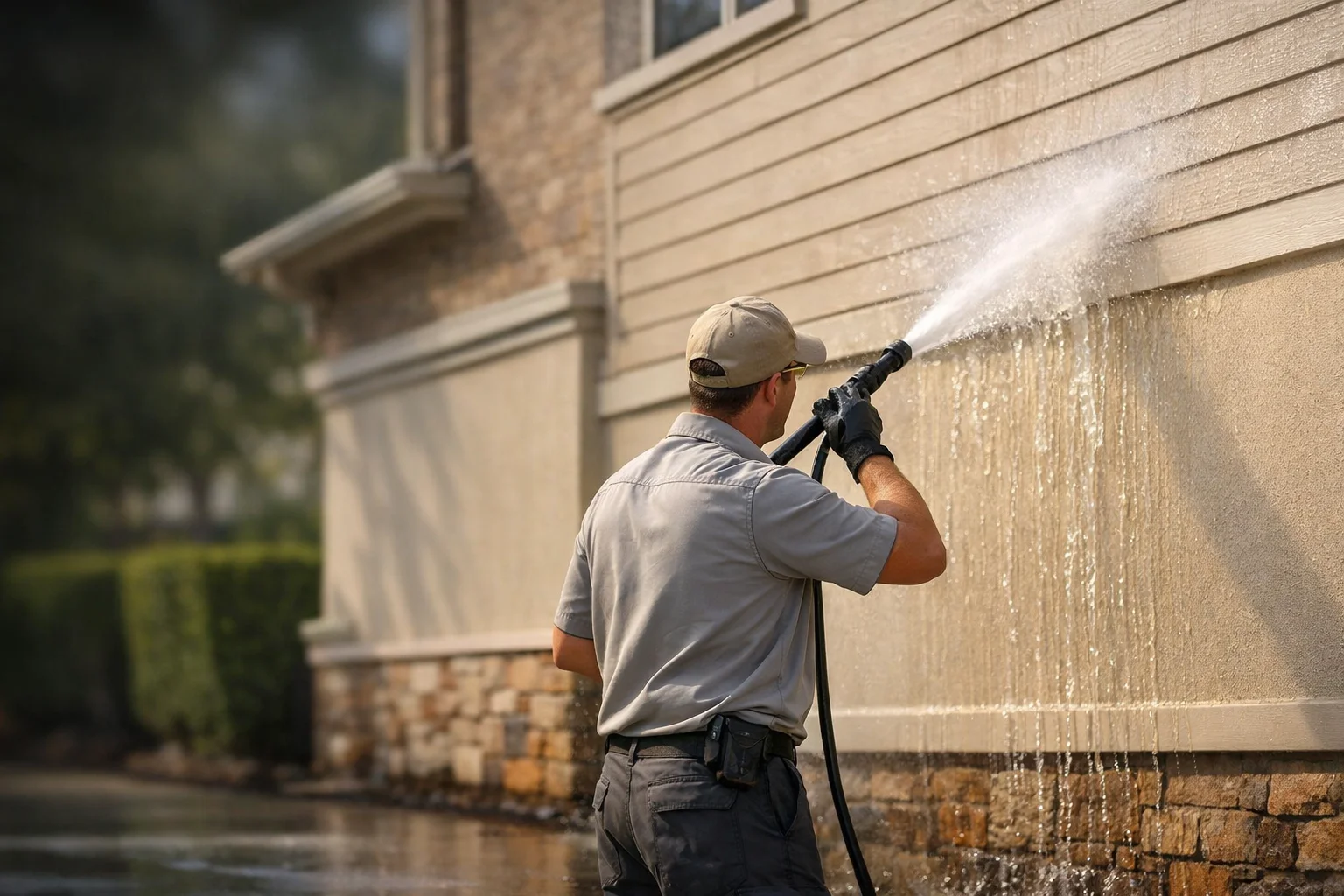 House washing in Cypress TX soft washing exterior wall
