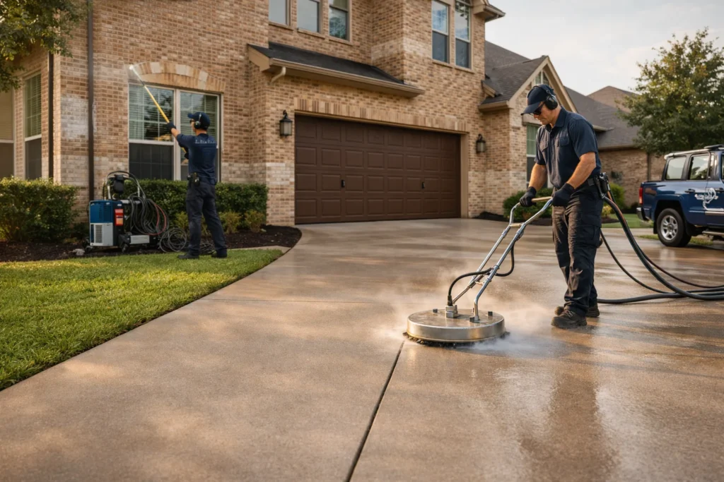 Pressure washing house driveway with surface cleaner