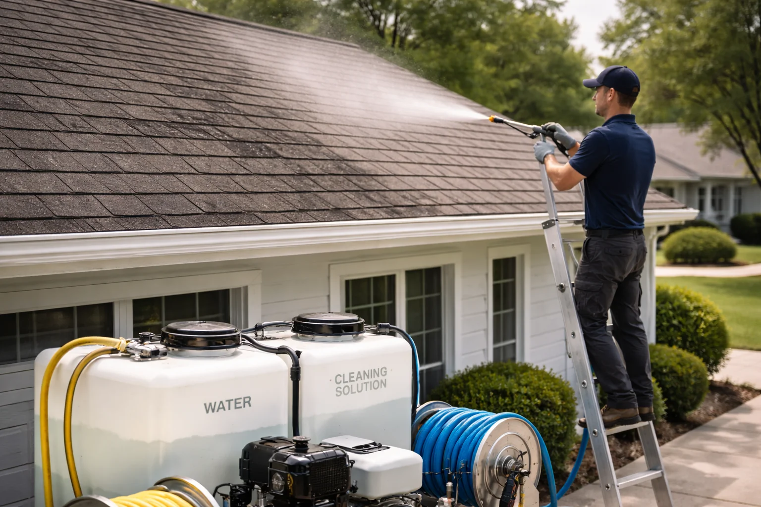 Ninja Pressure Wash technician performing soft wash roof cleaning in Cypress TX