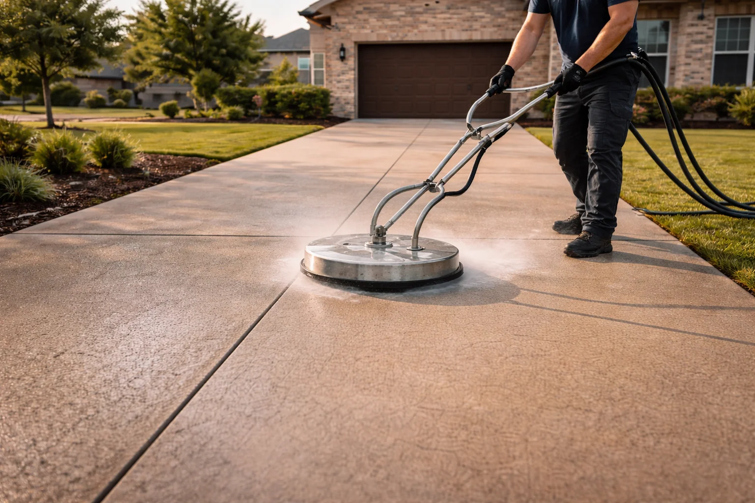 Commercial surface cleaner pressure washing driveway