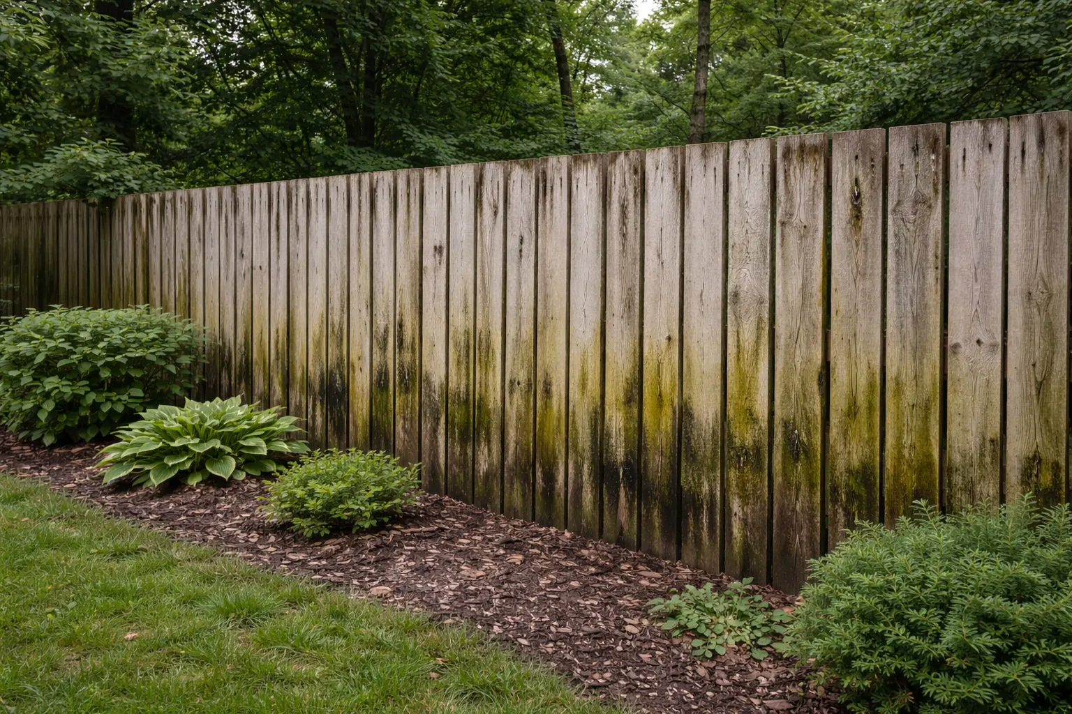 Aged fence with lush garden backdrop