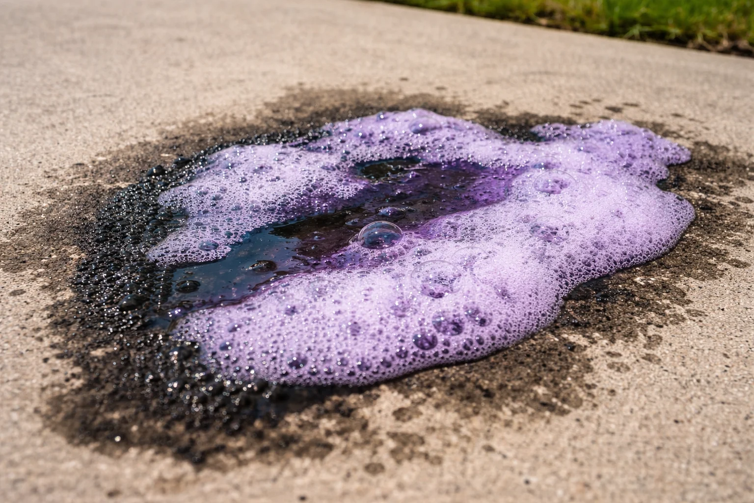 Commercial degreaser pre-treatment dissolving oil stains on concrete driveway in Cypress TX