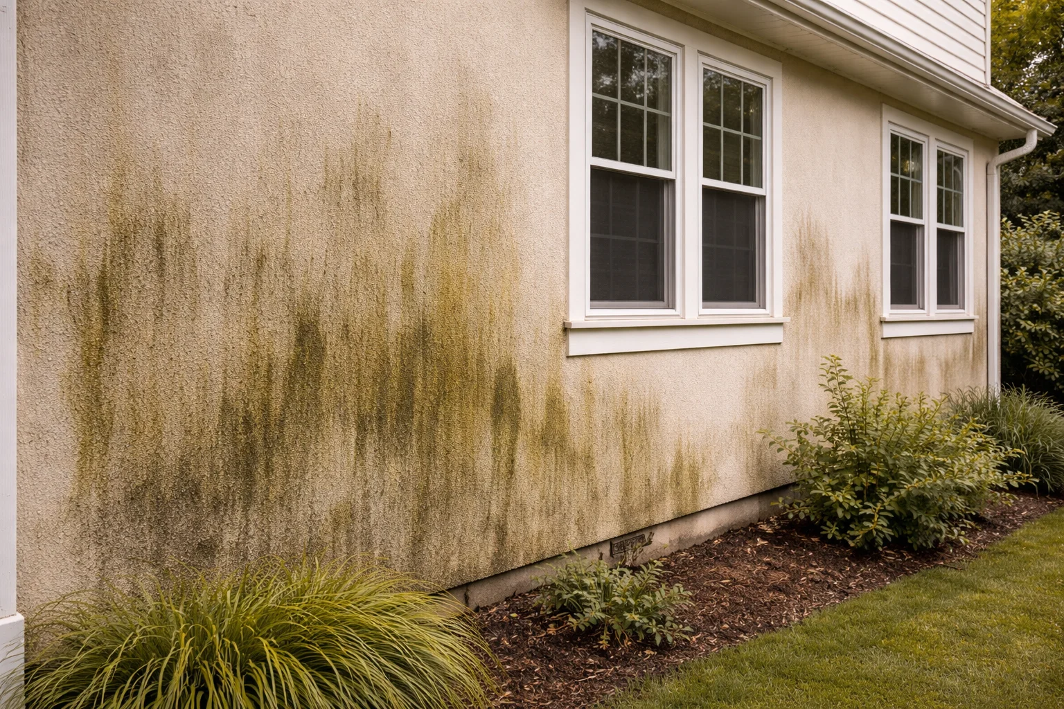Stucco wall with mold stains before cleaning Cypress TX