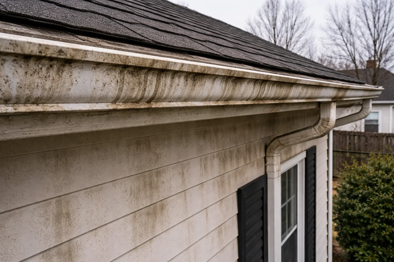Dirty gutters with algae buildup Lakewood Forest TX