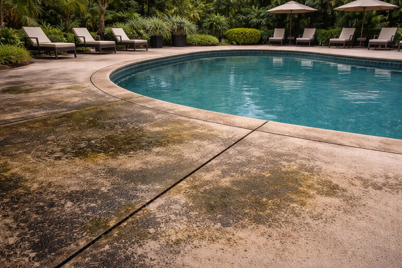 Algae covered pool deck with stains Cypress Creek TX