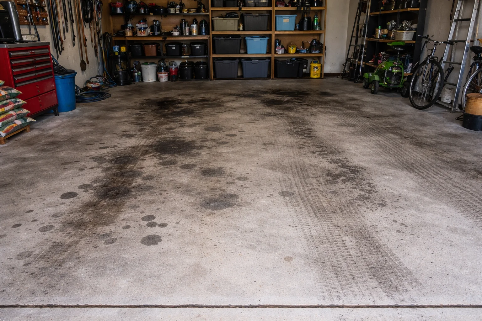 Oil stained garage floor before cleaning Stone Gate TX