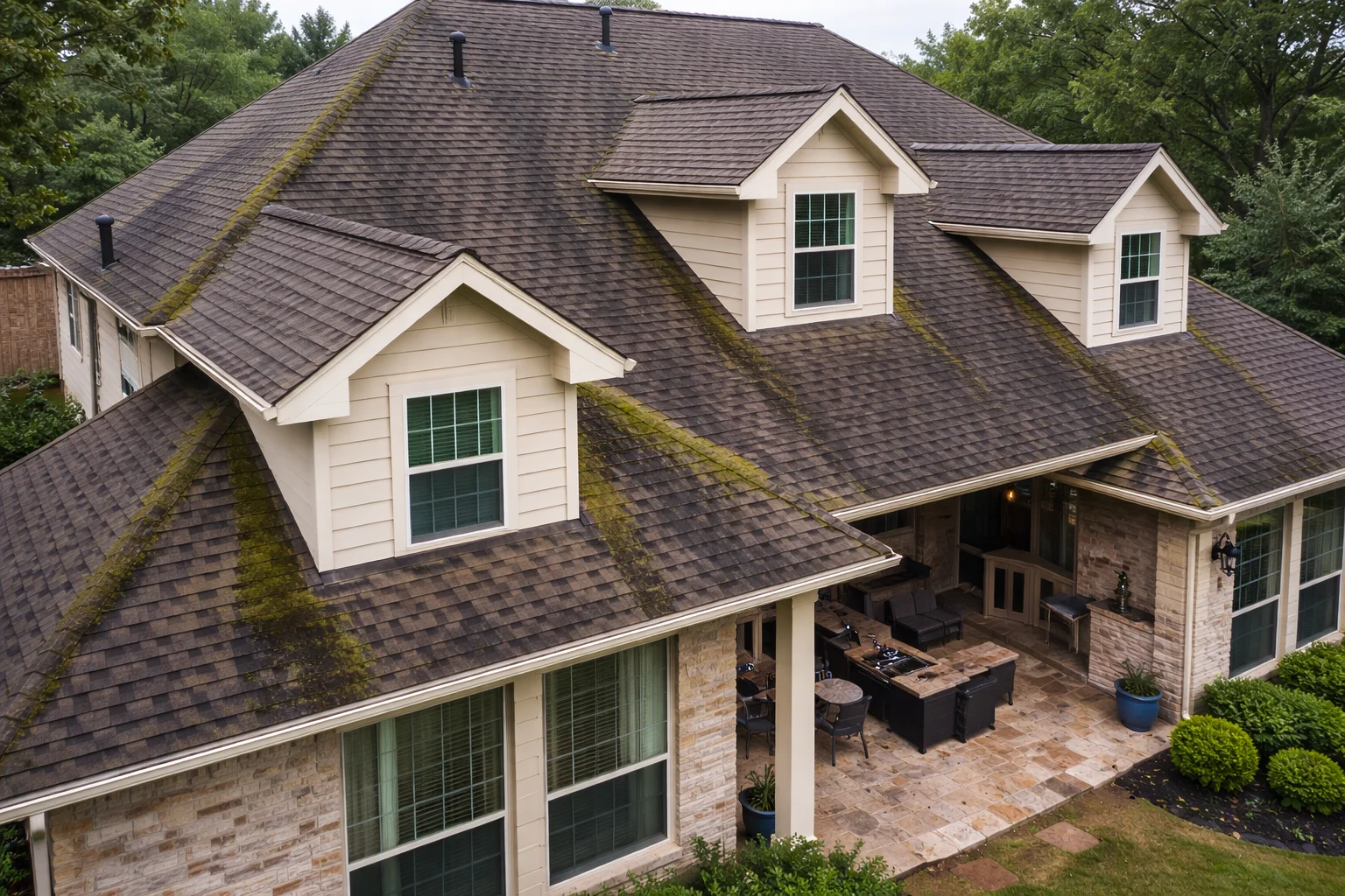 Cypress Creek Lakes Multi-Level Roof Cleaning – Before