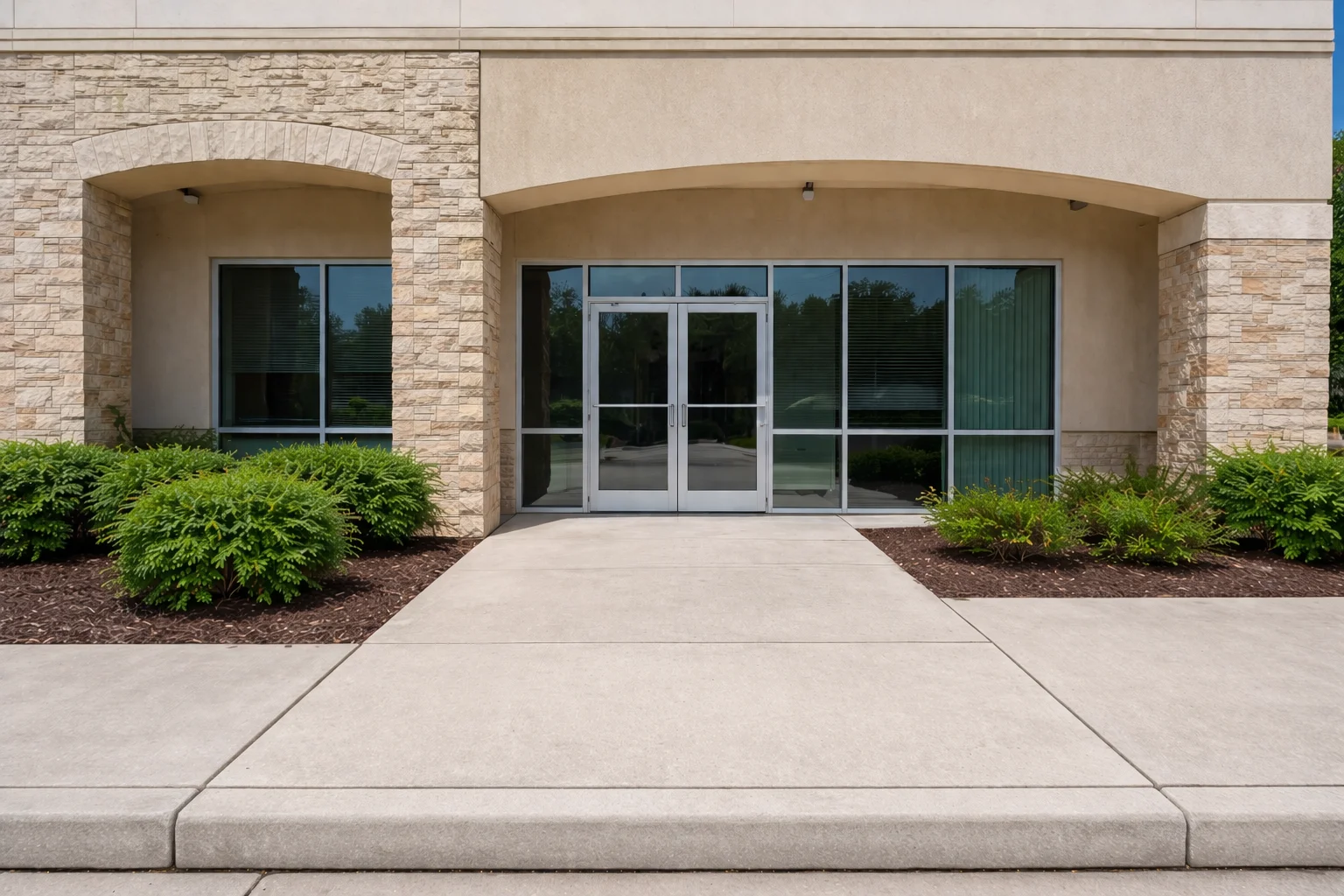 Clean office exterior after soft washing Cypress Creek TX