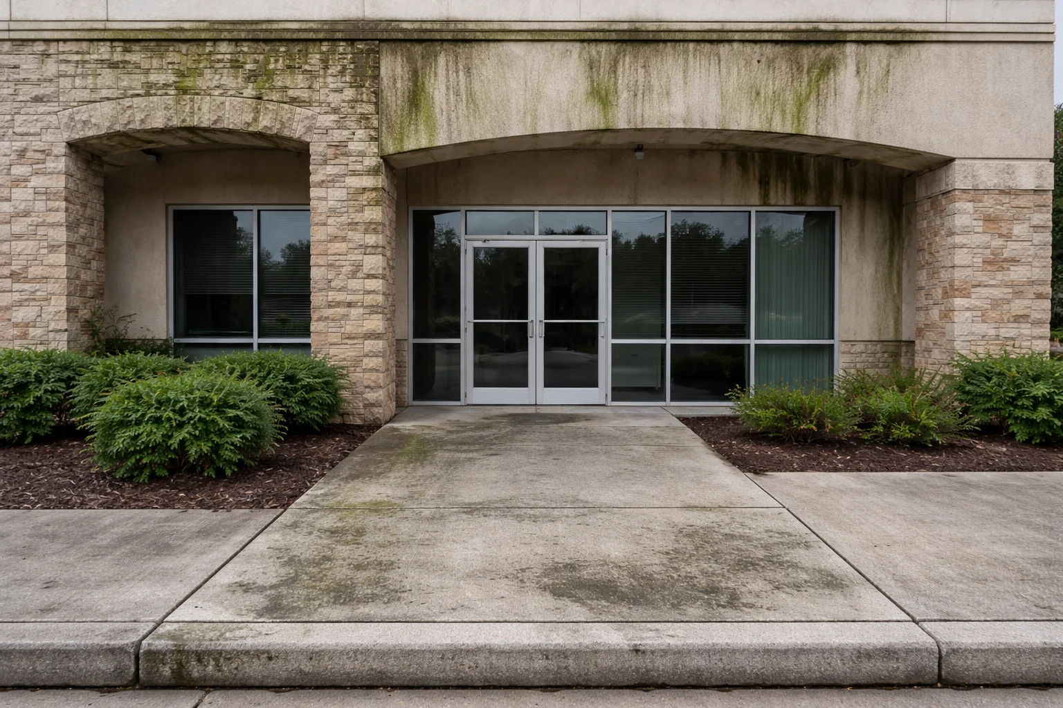 Office exterior with algae buildup Cypress Creek TX