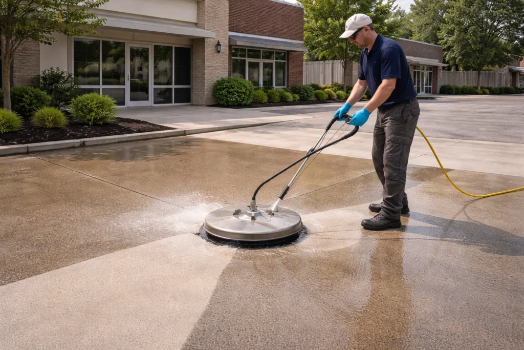 Professional pressure washing for residential driveway and commercial parking lot