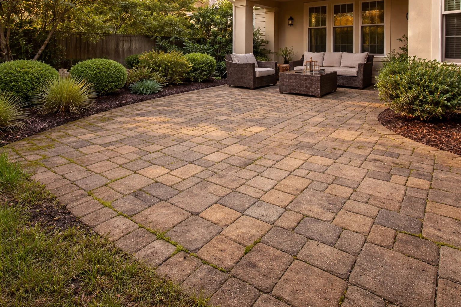 Paver patio with moss in joints Fairfield TX