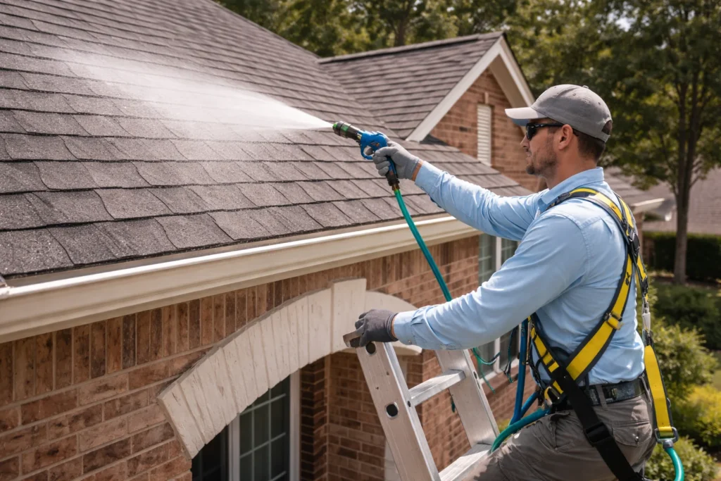 Low pressure roof cleaning under 100 PSI method