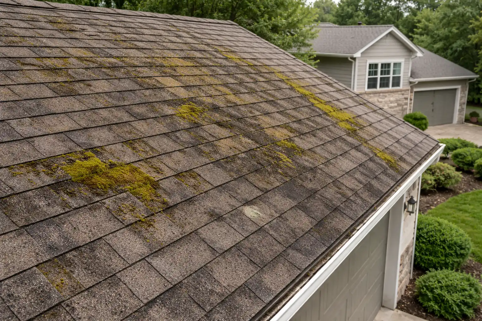 Moss and algae on suburban roof