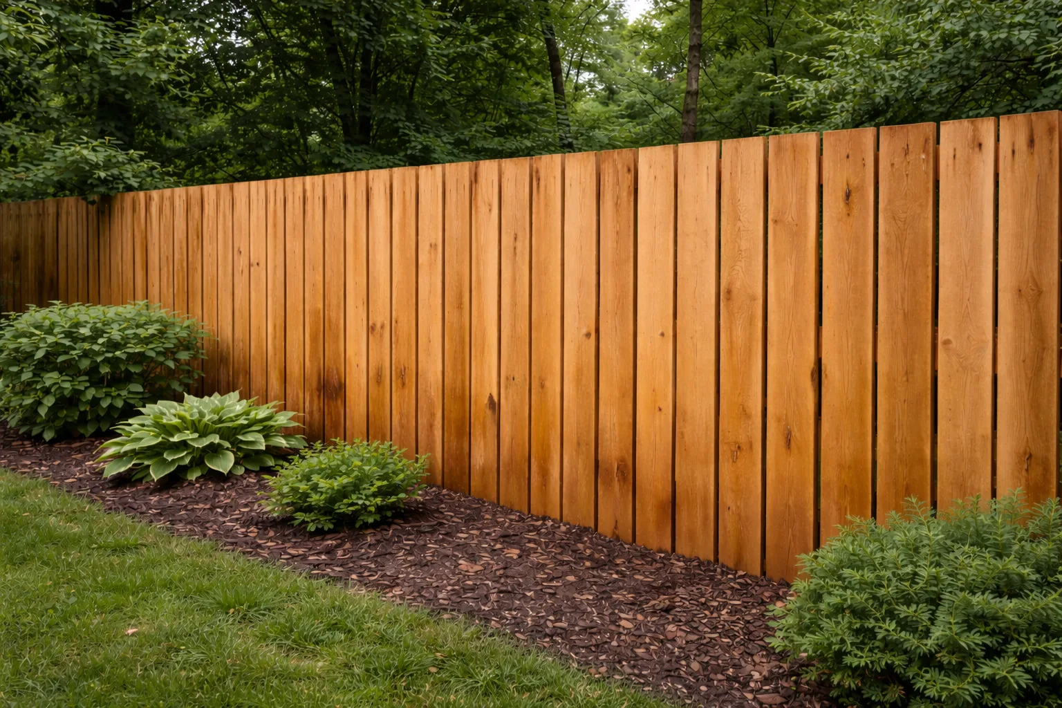 Restored cedar fence clean and stained backyard