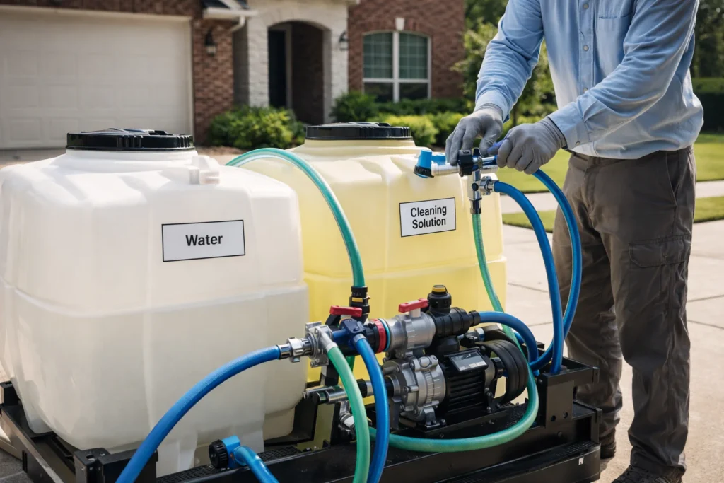 Roof cleaning system with soft wash solution Cypress TX