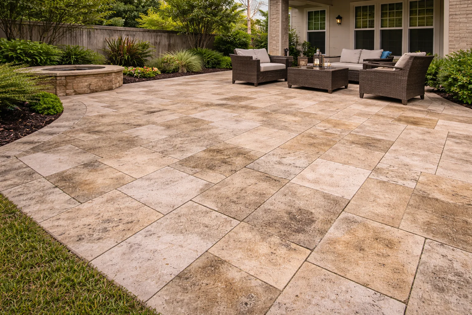 Travertine patio with stains Stone Gate TX