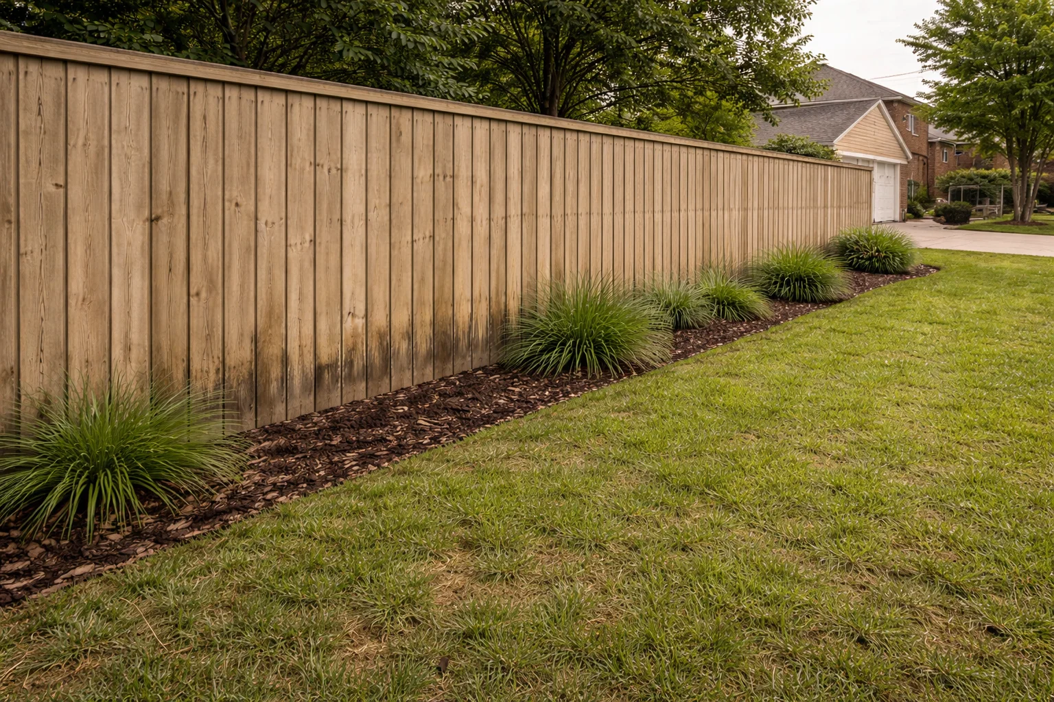Dirty wood fence along yard Stone Gate TX