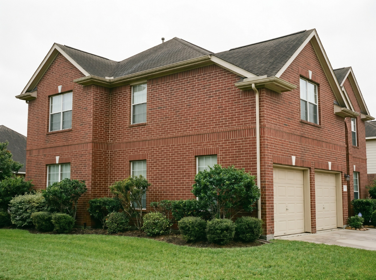 Clean red brick two-story home in Towne Lake Cypress TX after professional soft wash house washing removed all black mold and mildew stains