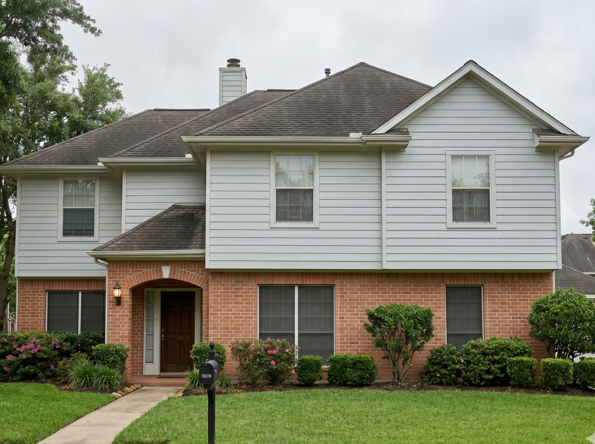 Clean two-story Hardie plank home in Fairfield Cypress TX after professional soft wash house washing restored the siding to original light gray finish