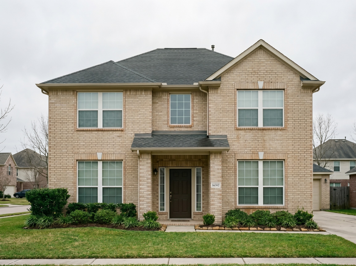 Clean tan brick home in Cypress Creek Lakes Cypress TX after professional rust stain removal restored the wall below windows to original color