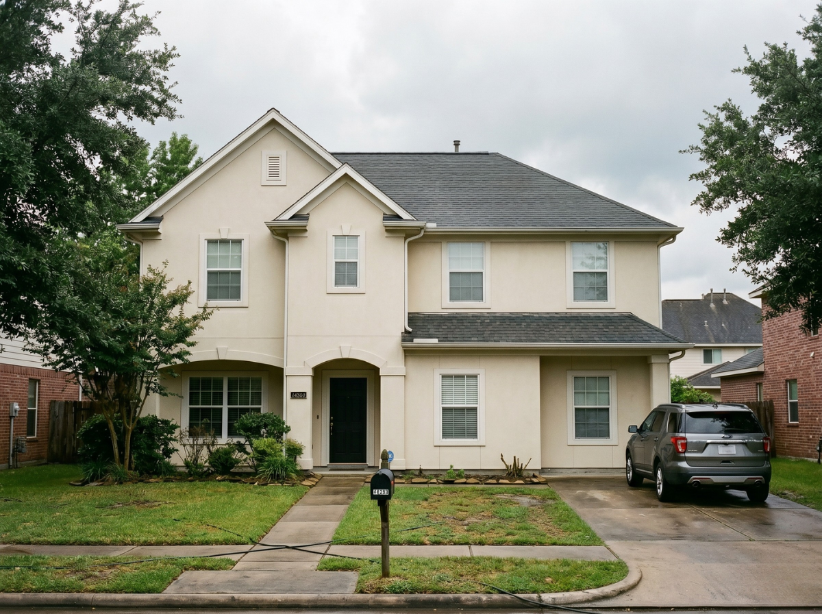 Clean stucco wall on home in Bridgeland Cypress TX after professional soft wash house washing removed all algae and mildew stains