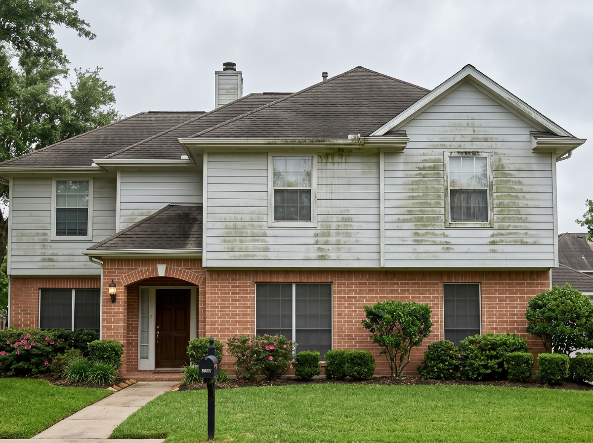 Two-story Hardie plank home in Fairfield Cypress TX before soft wash house washing, upper floor siding covered in green algae and black mildew streaks