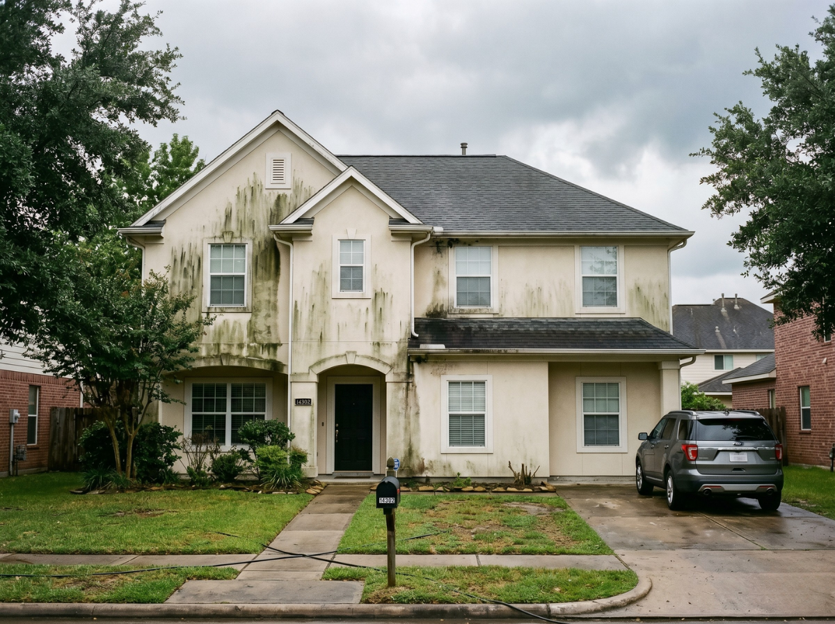 Stucco wall on home in Bridgeland Cypress TX before house washing, showing green algae and black mildew streaks on north-facing exterior