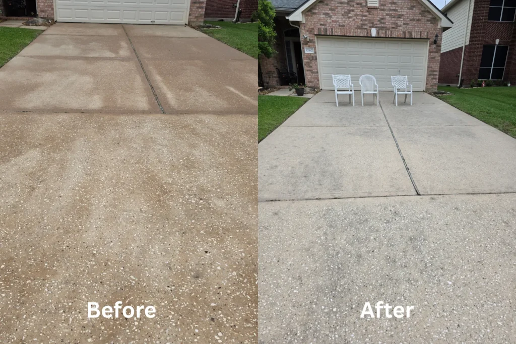 Yearly driveway pressure washing project in Cypress, TX - before and after