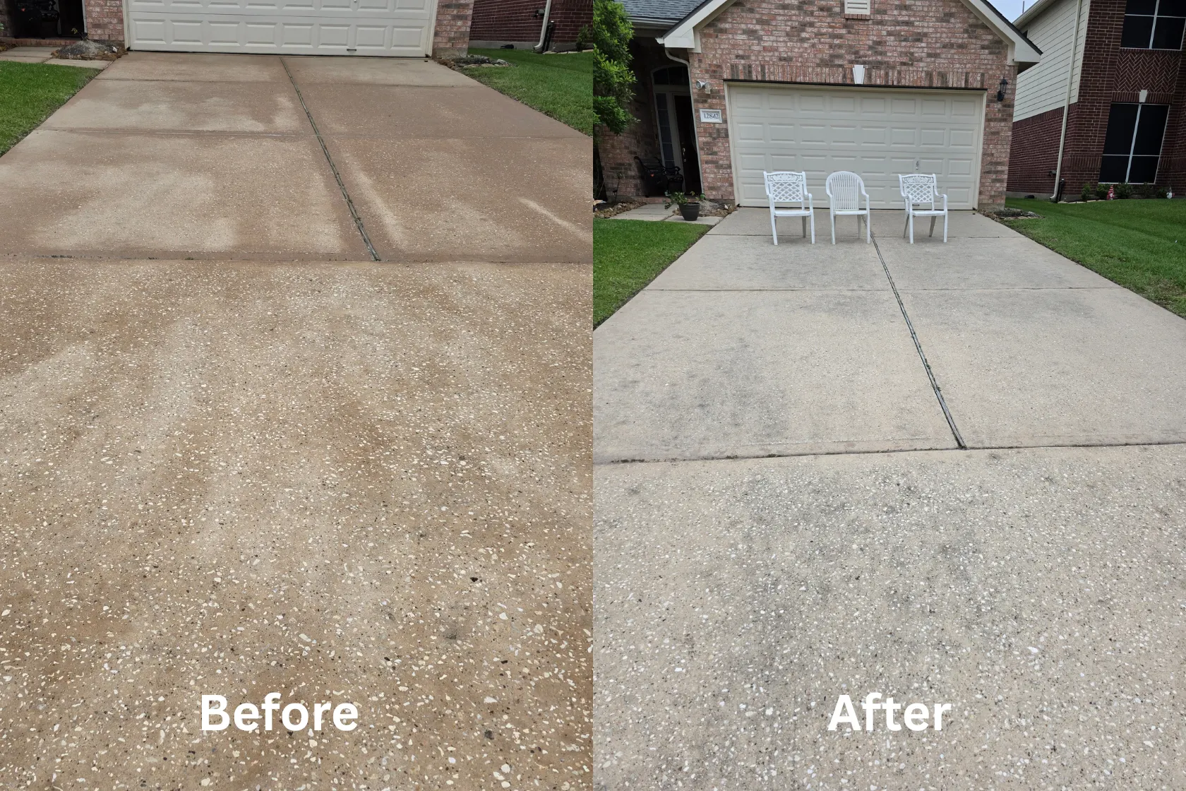 Yearly driveway pressure washing project in Cypress, TX - before and after